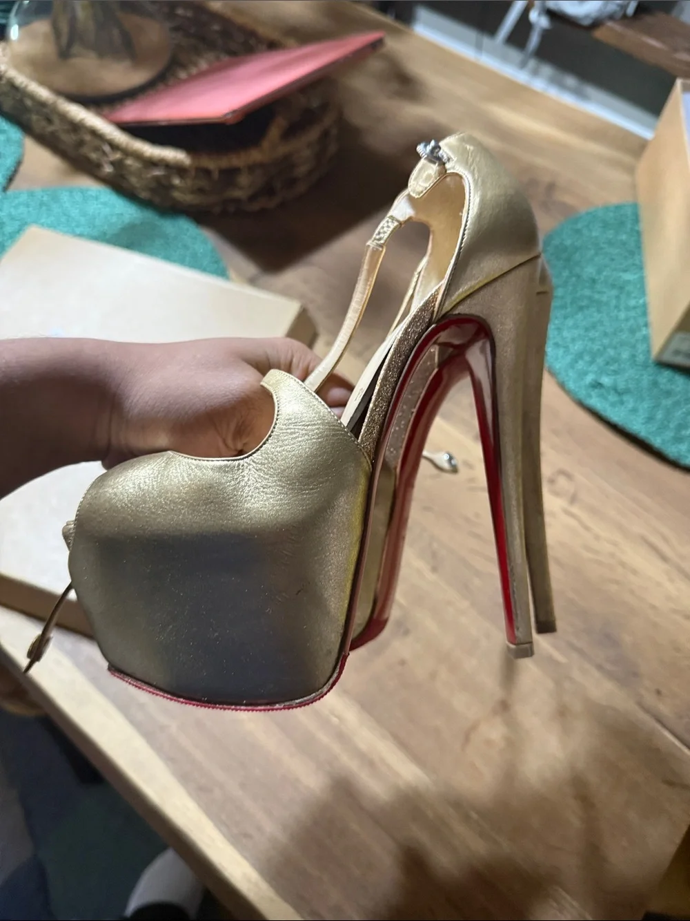 Christian Louboutin Gold Peep-Toe T-Strap Heels with Signature Red Soles